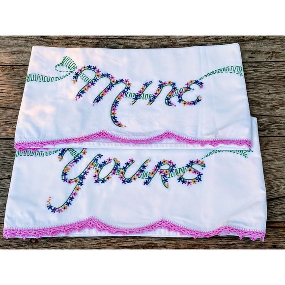 Vintage Pillow cases Embroidered "Mine" "Yours" - Picture 1 of 8
